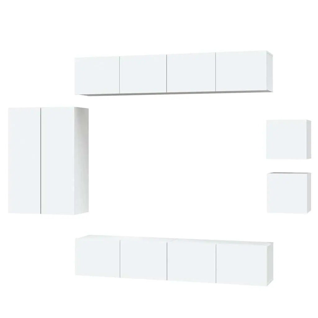 White Engineered Wood TV Cabinet Set Wall-Mounted Storage Unit 8 Piece Living