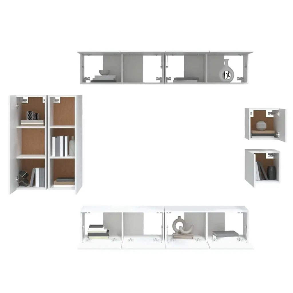 White Engineered Wood TV Cabinet Set Wall-Mounted Storage Unit 8 Piece Living