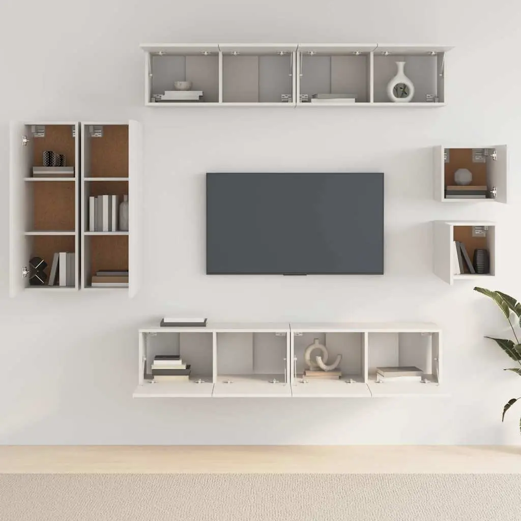 White Engineered Wood TV Cabinet Set Wall-Mounted Storage Unit 8 Piece Living