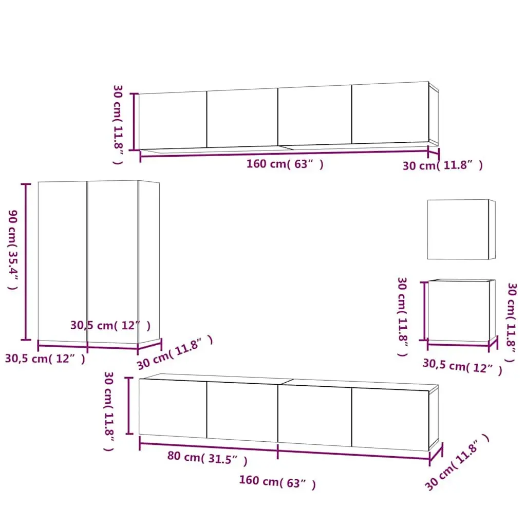 White Engineered Wood TV Cabinet Set Wall-Mounted Storage Unit 8 Piece Living
