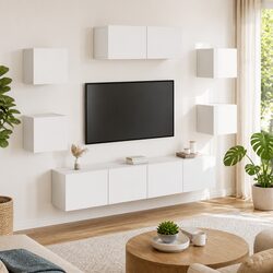 Functional 7 Piece Wall-Mounted TV Cabinet Set in White