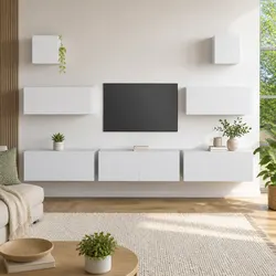 7 Piece TV Cabinet Set White Wall-Mounted Storage Unit Engineered Wood