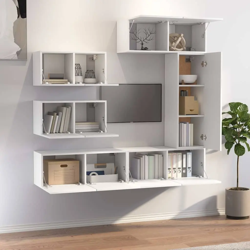 TV Cabinet Set Engineered Wood Wall Mounted 6 Piece White Storage Unit