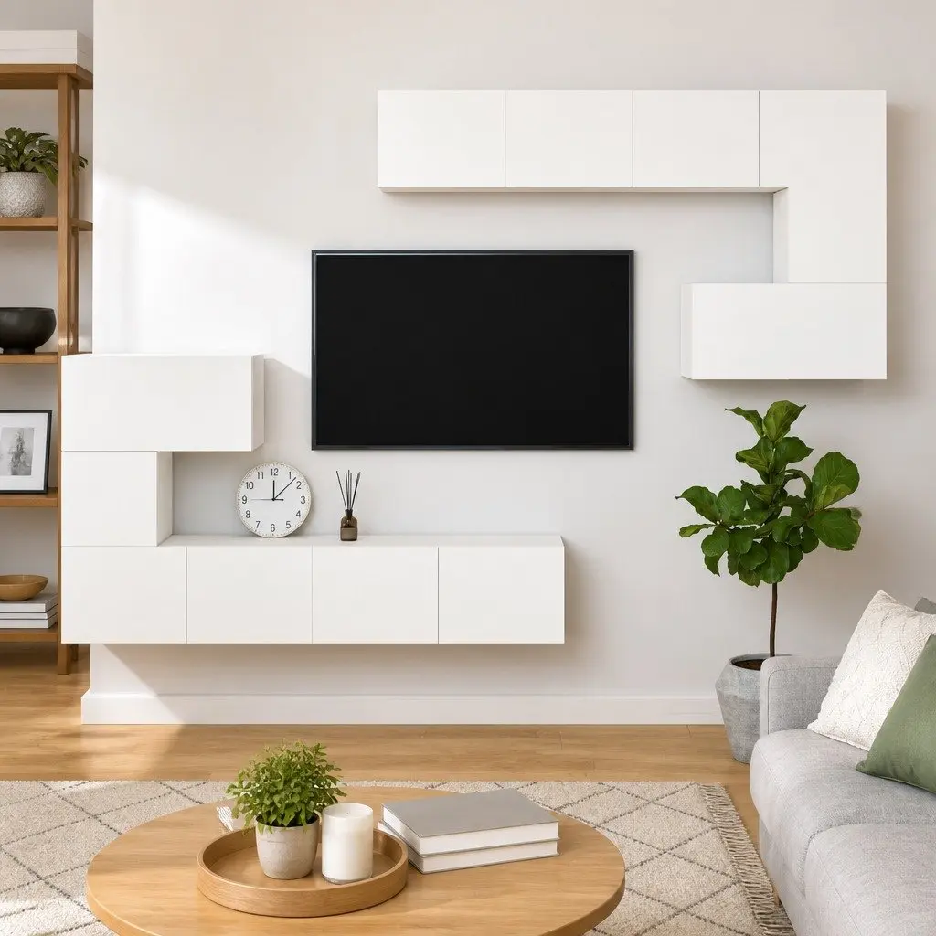 Wall-mounted TV Cabinet White Engineered Wood Floating Storage Unit Shelves