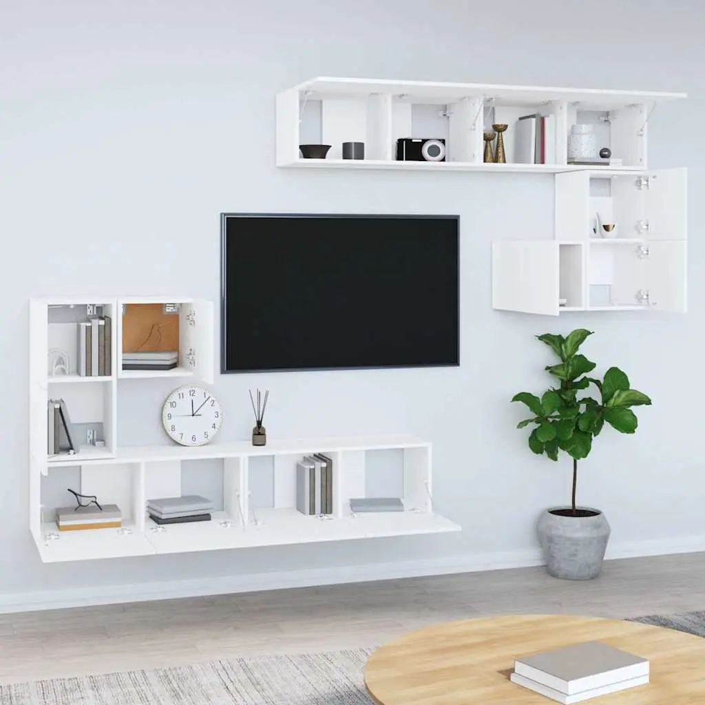Wall-mounted TV Cabinet White Engineered Wood Floating Storage Unit Shelves