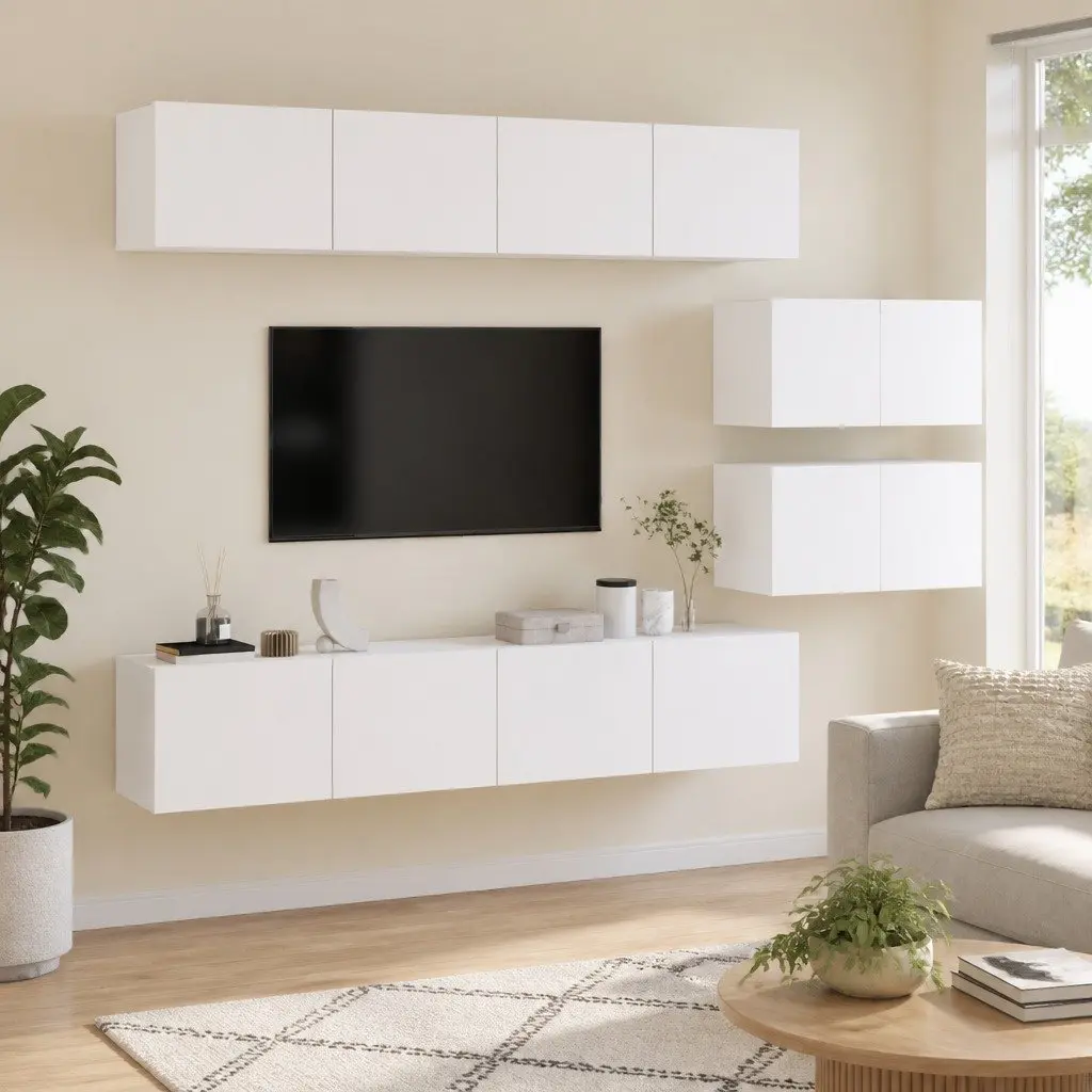 4 Piece TV Cabinet Set White Wall-Mounted Storage Unit Engineered Wood Furniture