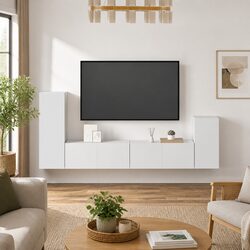 4 Piece White TV Cabinet Set Wall-Mounted Storage Unit Engineered Wood Furniture
