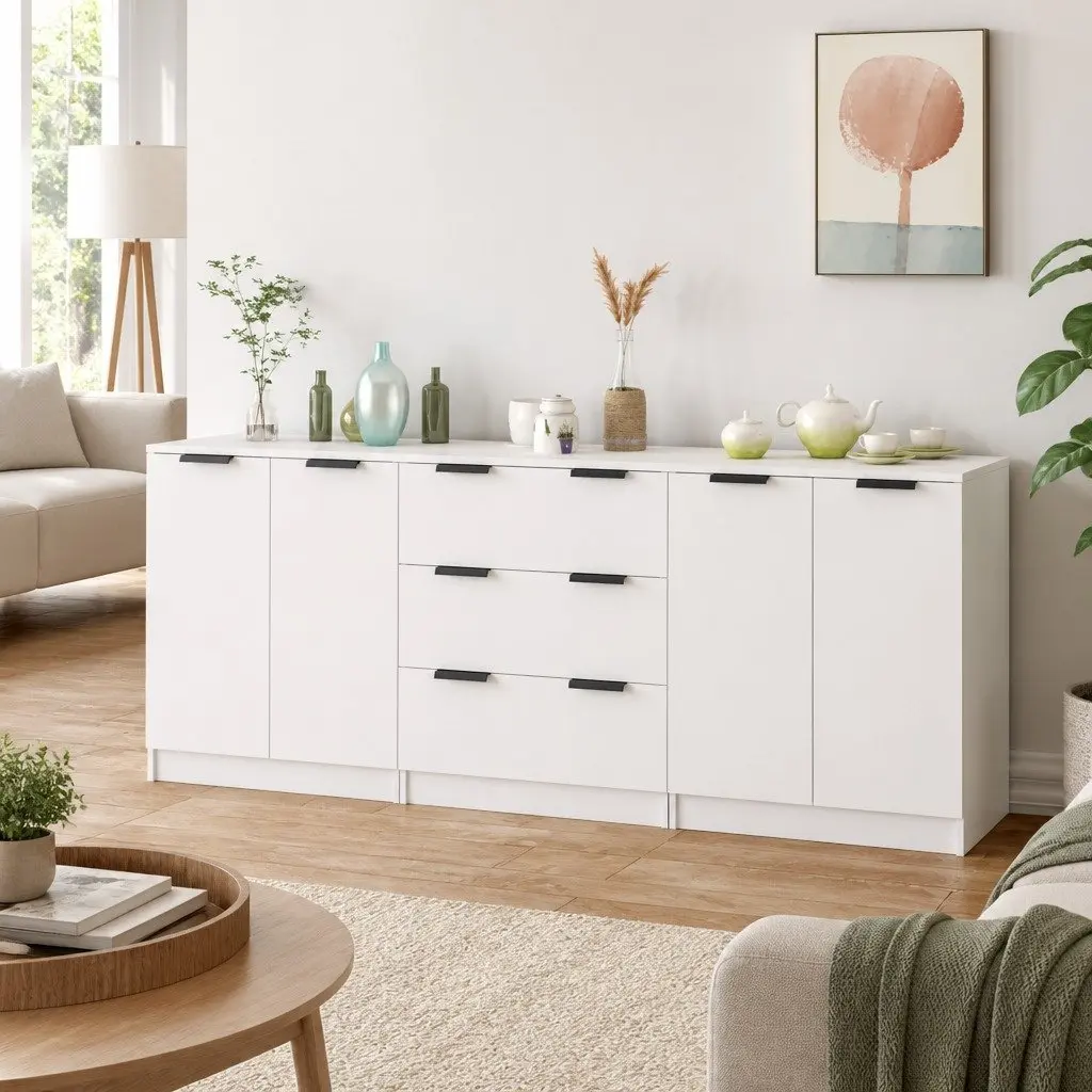 3 Piece White Sideboard Buffet Cabinet Engineered Wood Storage Display Stand