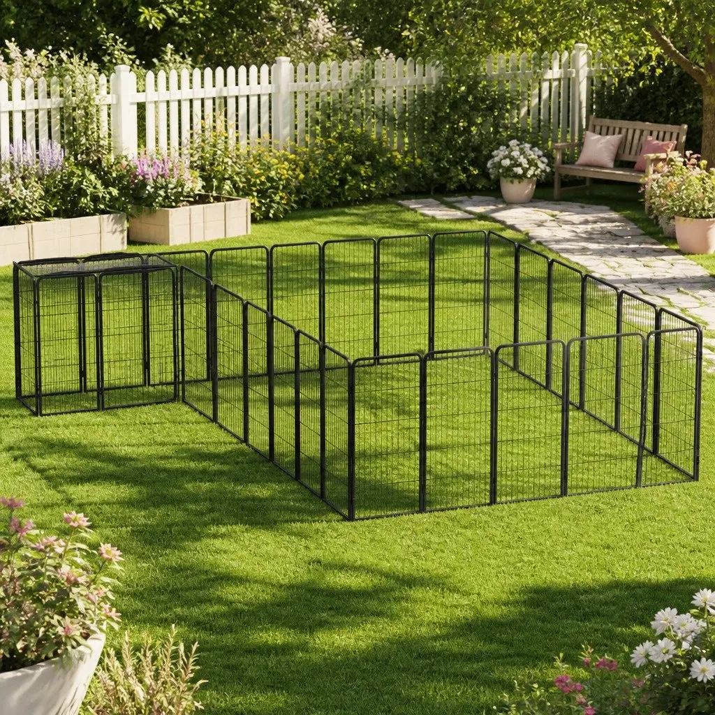 Dog Playpen 30-Panel Black Powder-Coated Steel Exercise Pen Puppy Run Outdoor