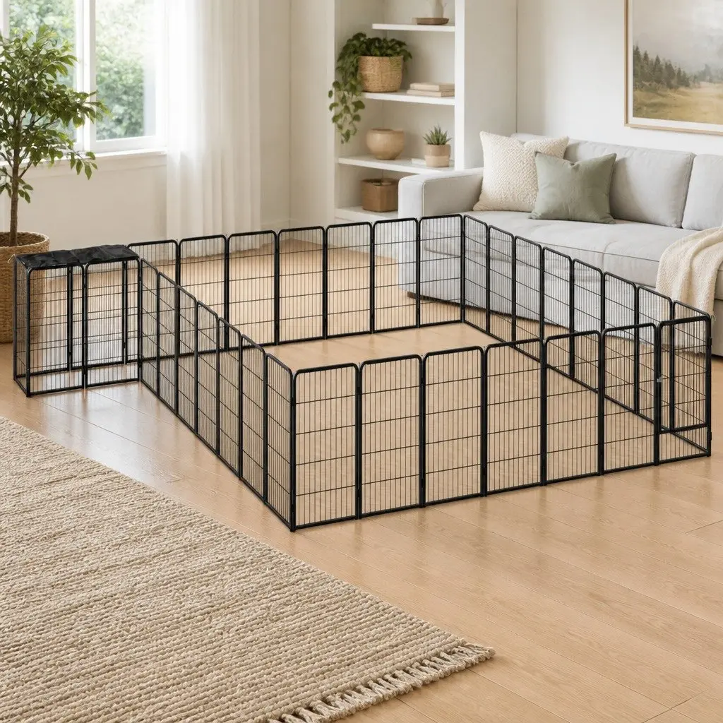 Dog Playpen 34-Panel Black Outdoor Pet Exercise Enclosure Pen Puppy Run Steel