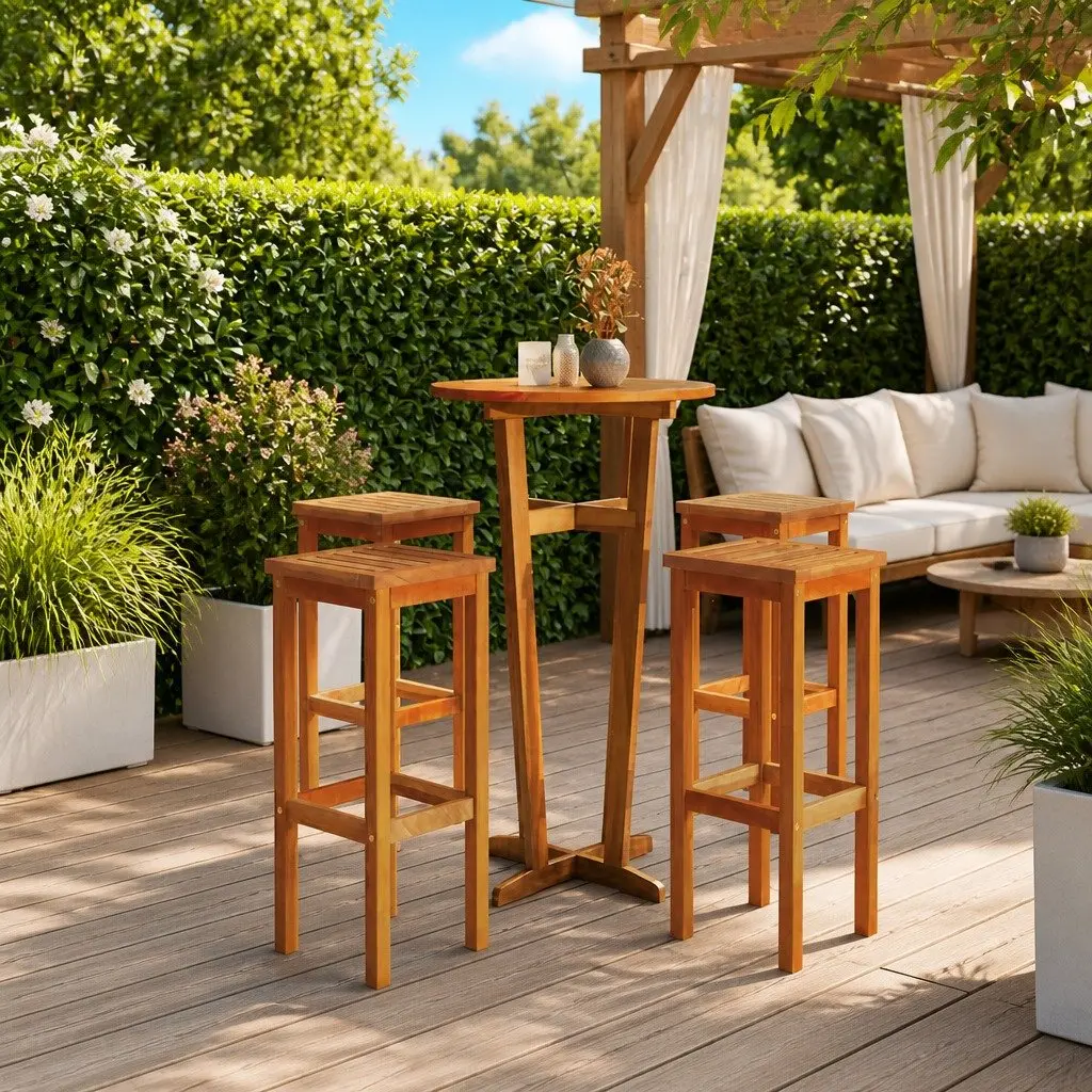 Solid Wood Bar Stools Acacia 4 Piece Brown Rustic Outdoor Kitchen