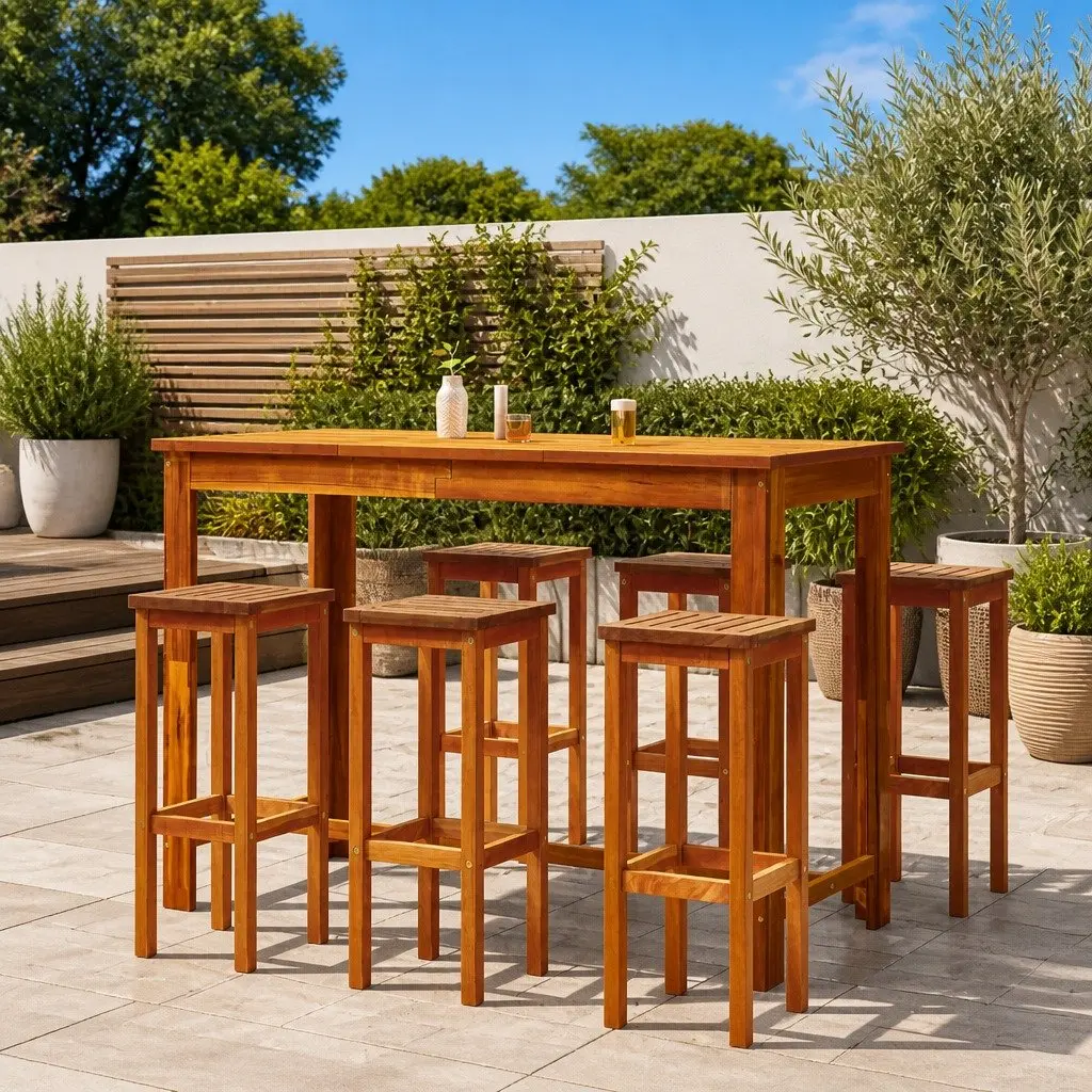 Outdoor Bar Stools Solid Acacia Wood 6 Piece Brown Rustic