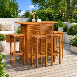 Garden Bar Set 5 Piece Outdoor Bistro Table Stools Brown Acacia Wood Patio
