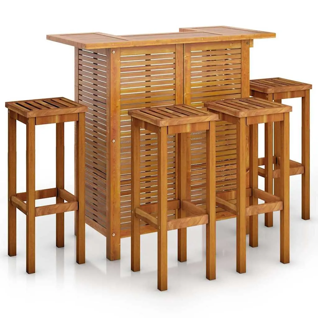 5 Piece Outdoor Bistro Set Brown Acacia Wood Includes 1 Table with 2 Shelves and 4 Stools for Garden Patio or Terrace