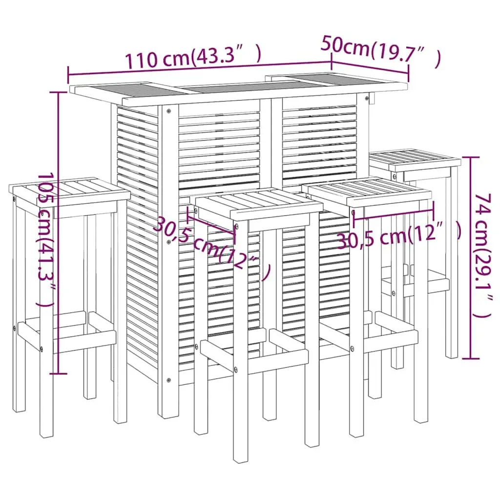 5 Piece Outdoor Bistro Set Brown Acacia Wood Includes 1 Table with 2 Shelves and 4 Stools for Garden Patio or Terrace
