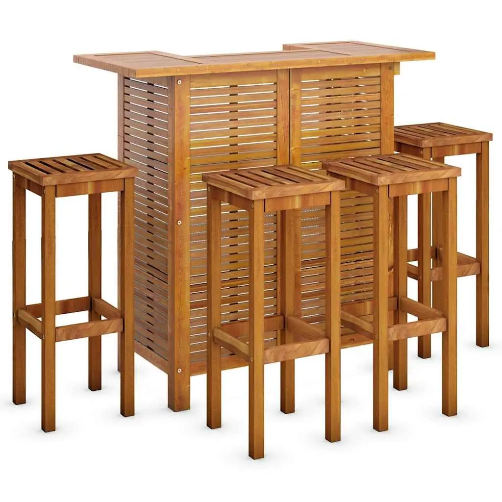 5 Piece Outdoor Bistro Set Brown Acacia Wood Includes 1 Table with 2 Shelves and 4 Stools for Garden Patio or Terrace