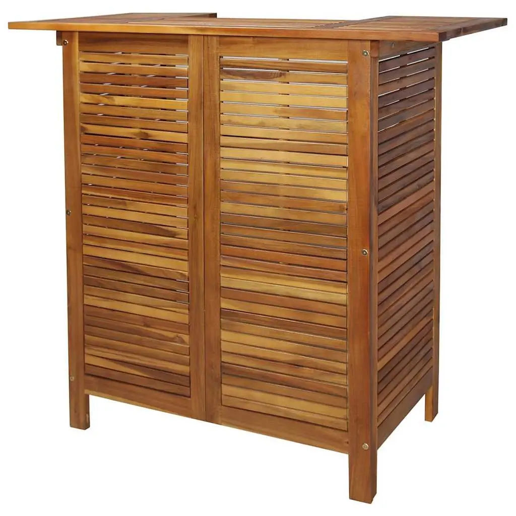 5 Piece Outdoor Bistro Set Brown Acacia Wood Includes 1 Table with 2 Shelves and 4 Stools for Garden Patio or Terrace