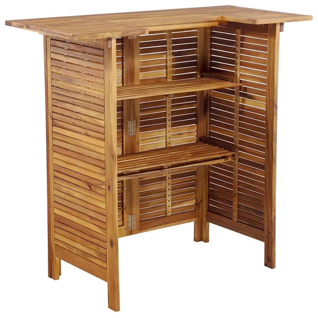 5 Piece Outdoor Bistro Set Brown Acacia Wood Includes 1 Table with 2 Shelves and 4 Stools for Garden Patio or Terrace