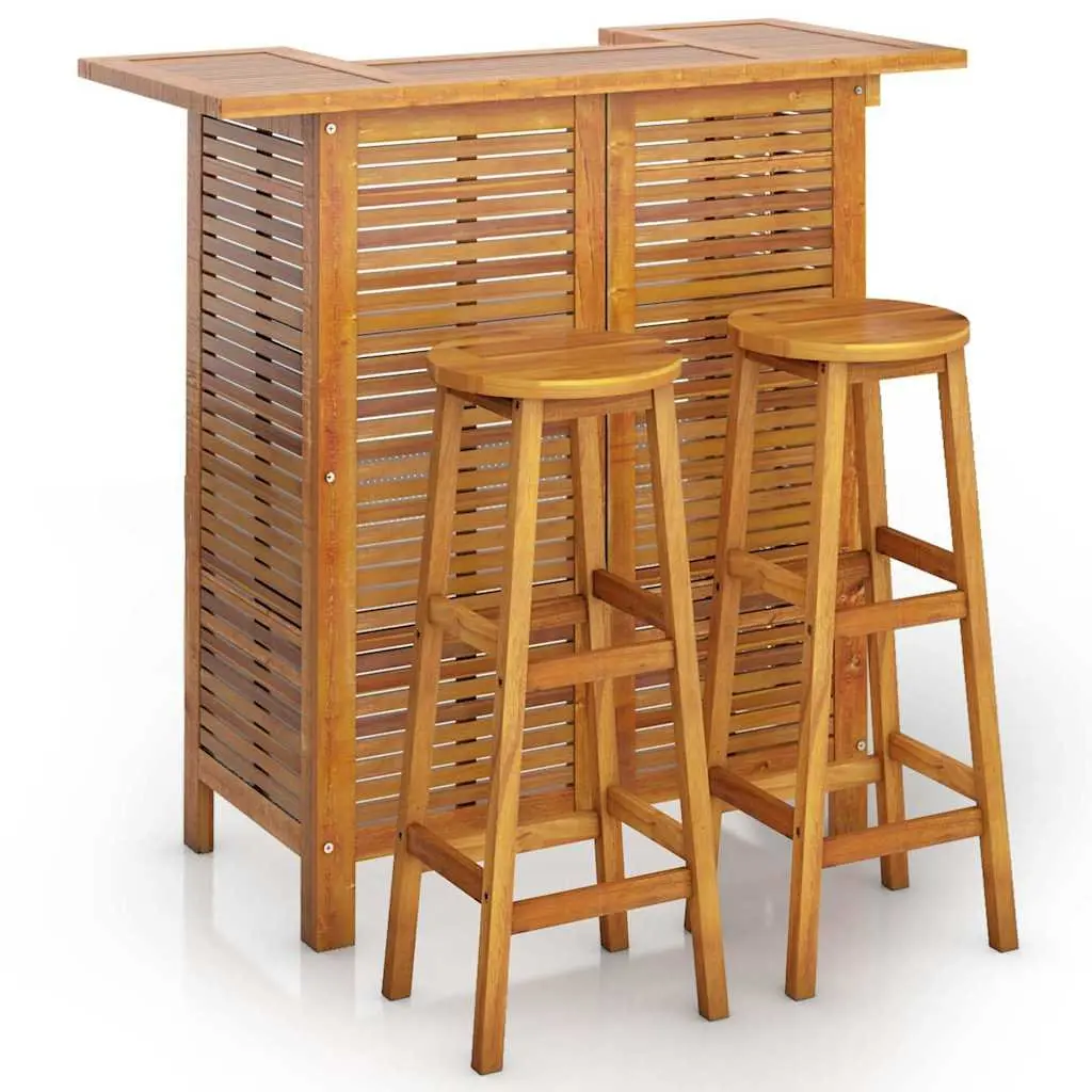 Garden Bar Set Solid Acacia Wood 3 Piece Outdoor Furniture Brown Bistro Table Stools