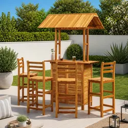 Garden Bar Set 5 Piece Outdoor Bistro Table Stools Patio Furniture Brown Wood