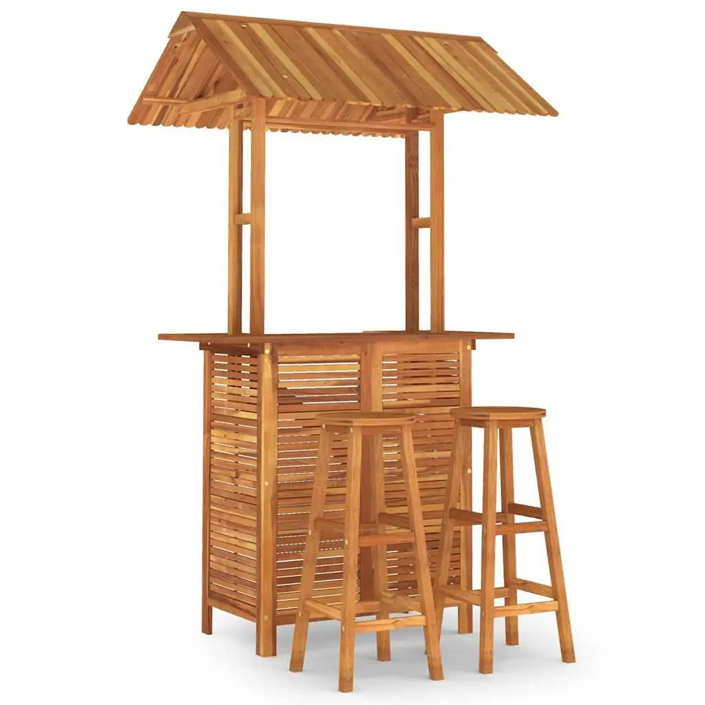 3 Piece Outdoor Bistro Set Solid Acacia Wood Table with Rooftop and Bar Stools Brown Patio Furniture