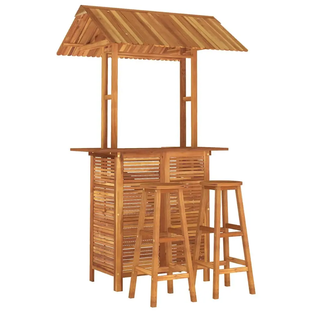 3 Piece Outdoor Bistro Set Solid Acacia Wood Table with Rooftop and Bar Stools Brown Patio Furniture
