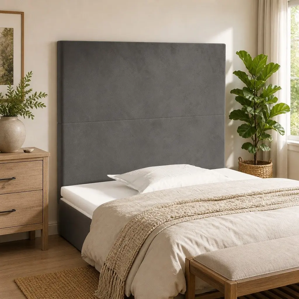 Grey Velvet Headboard Adjustable Height Wooden Legs Bedroom Furniture Support