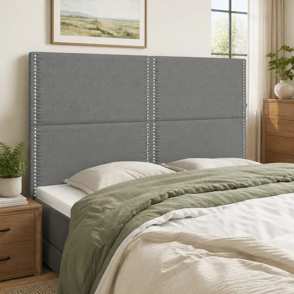 Upholstered Headboard Fabric Dark Grey Adjustable Height Wooden Legs