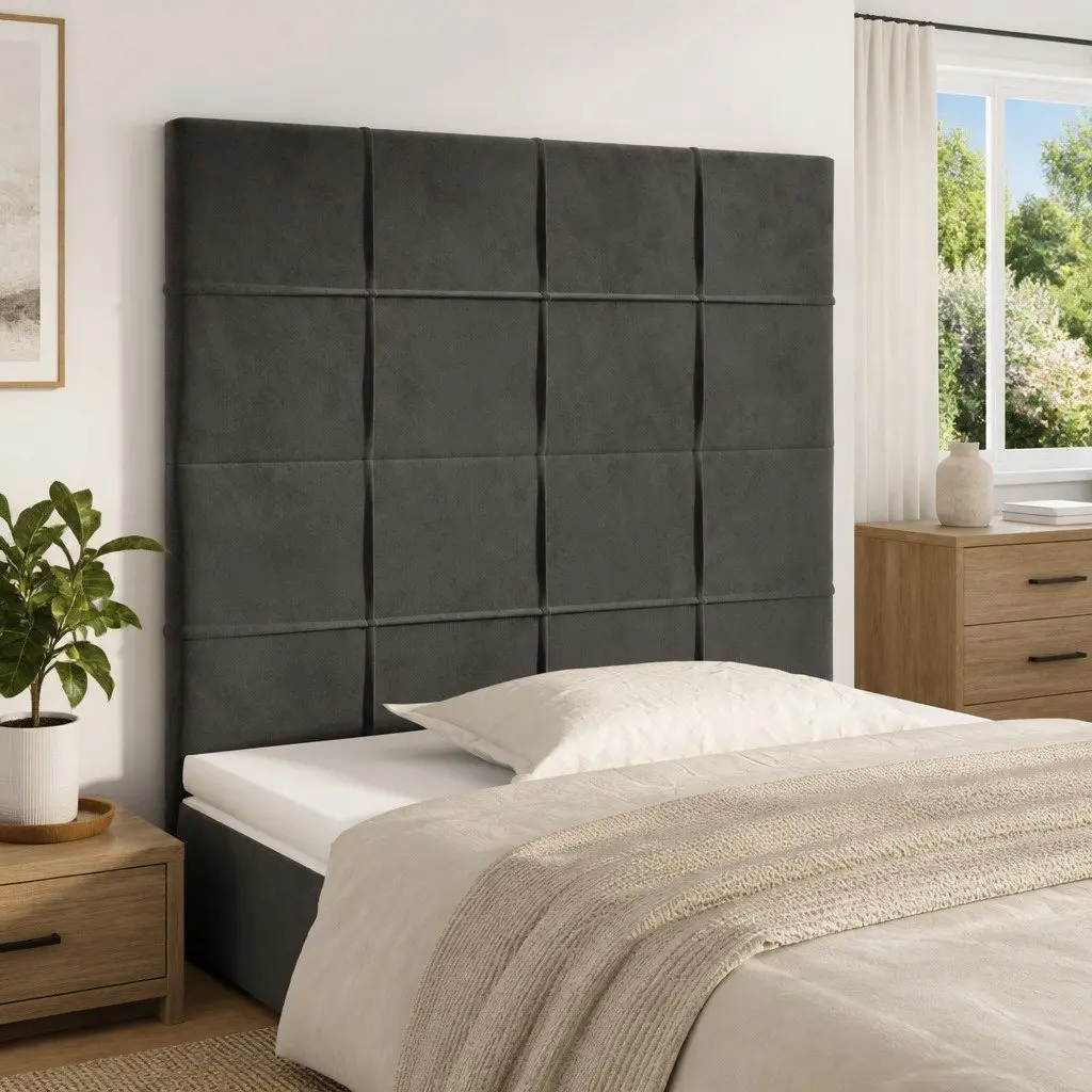 Adjustable Height Dark Grey Headboard Velvet Upholstered Wooden Legs Bedroom Furniture