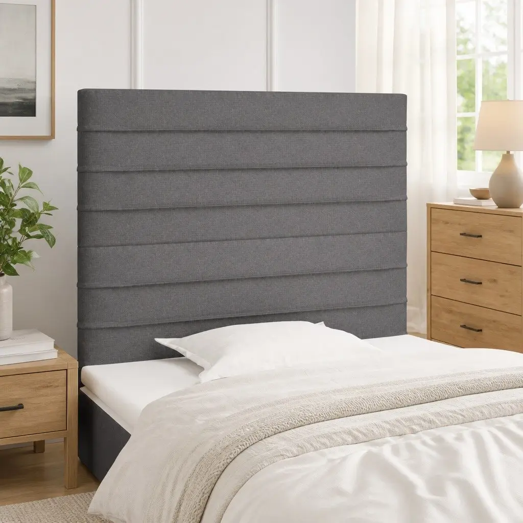 Fabric Headboard Adjustable Height Dark Grey Wooden Legs