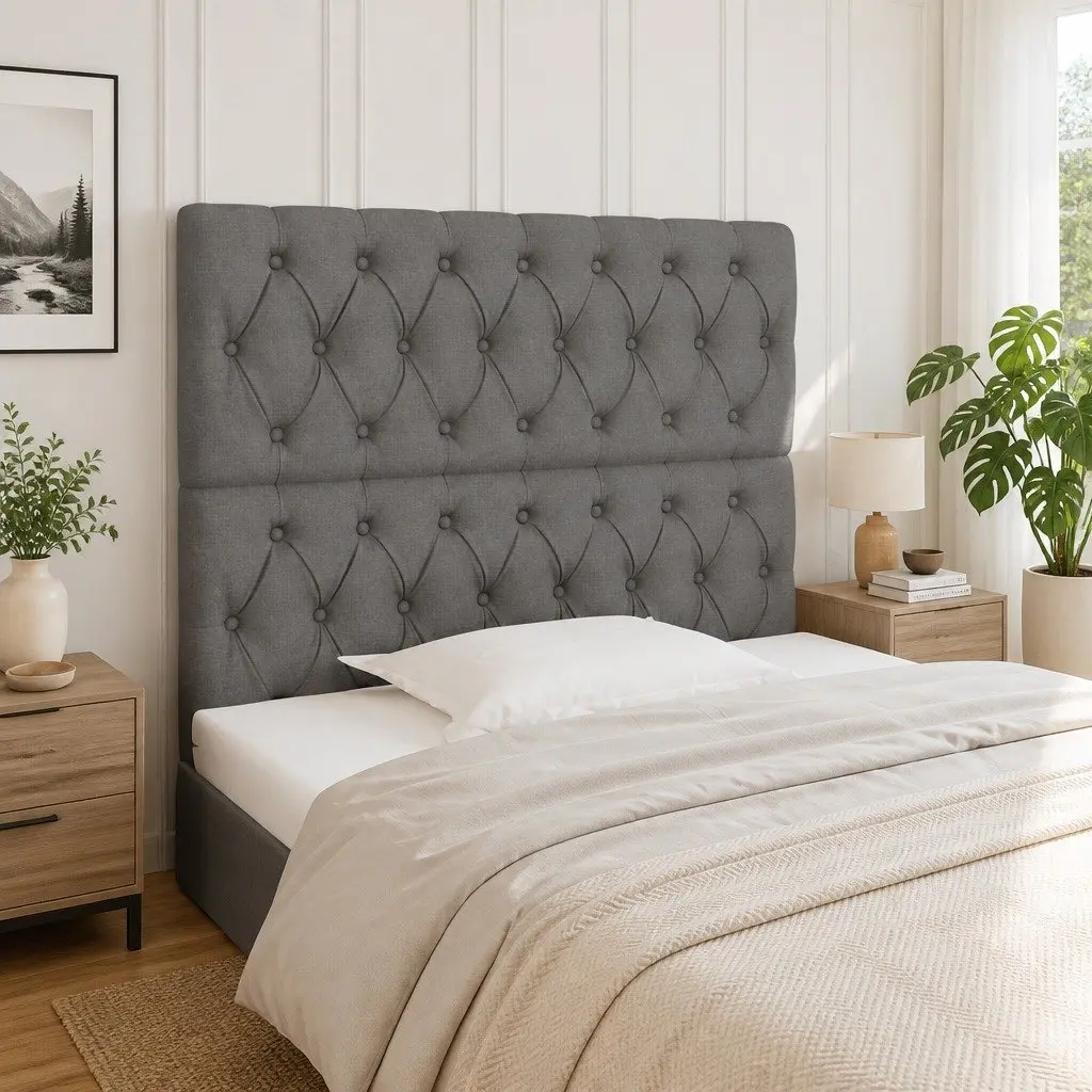 Grey Fabric Headboard Bedroom Adjustable Height Bed Back Support Wooden Legs