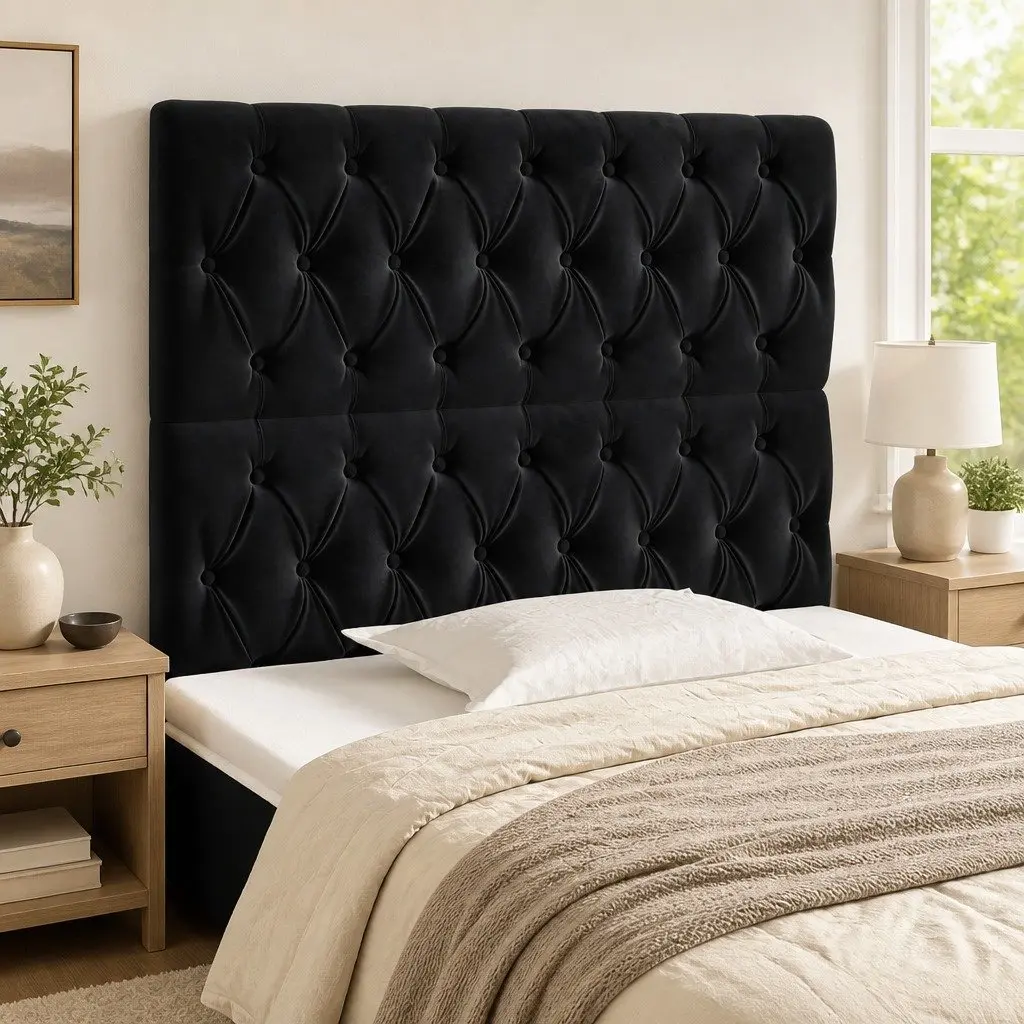 Velvet Headboard 100cm Adjustable Height Black with Wooden Legs