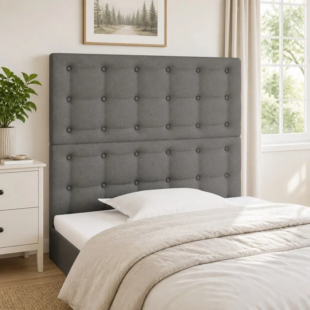 Grey Fabric Headboard with Adjustable Height Wooden Legs for Bed Frame Back Support