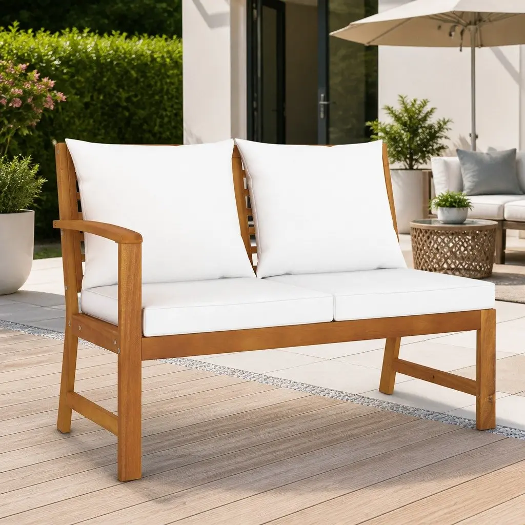 Outdoor Garden Bench Solid Acacia Wood 114.5cm Brown with Cream Cushions