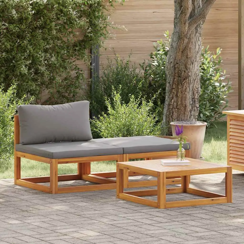 Outdoor Sectional Sofa Set Solid Acacia Wood 3 Piece Grey