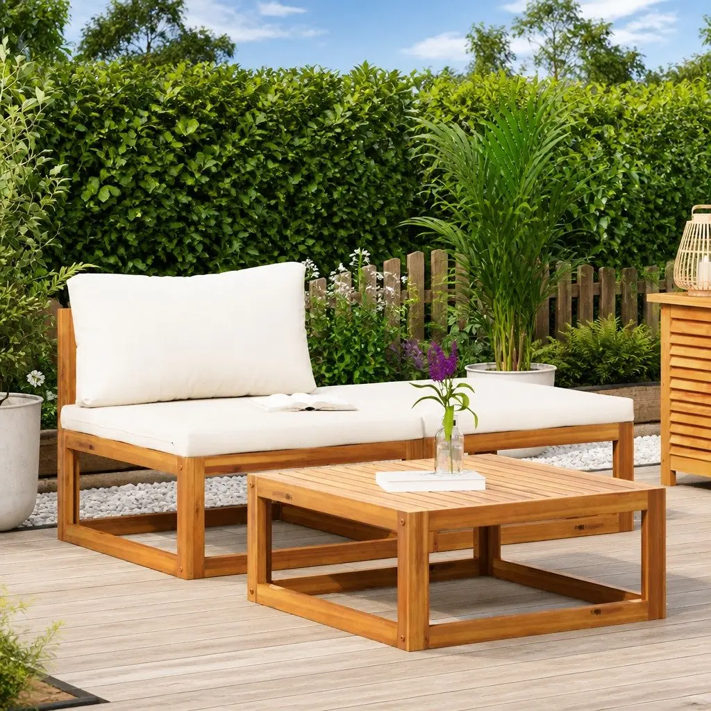 3 Piece Outdoor Lounge Set Acacia Wood Cream Cushions Coffee Table Garden Patio