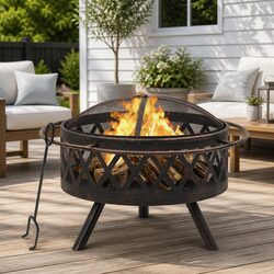 Fire Pit Outdoor Garden Patio Heating XXL Rustic Steel Bowl 76cm Poker Included