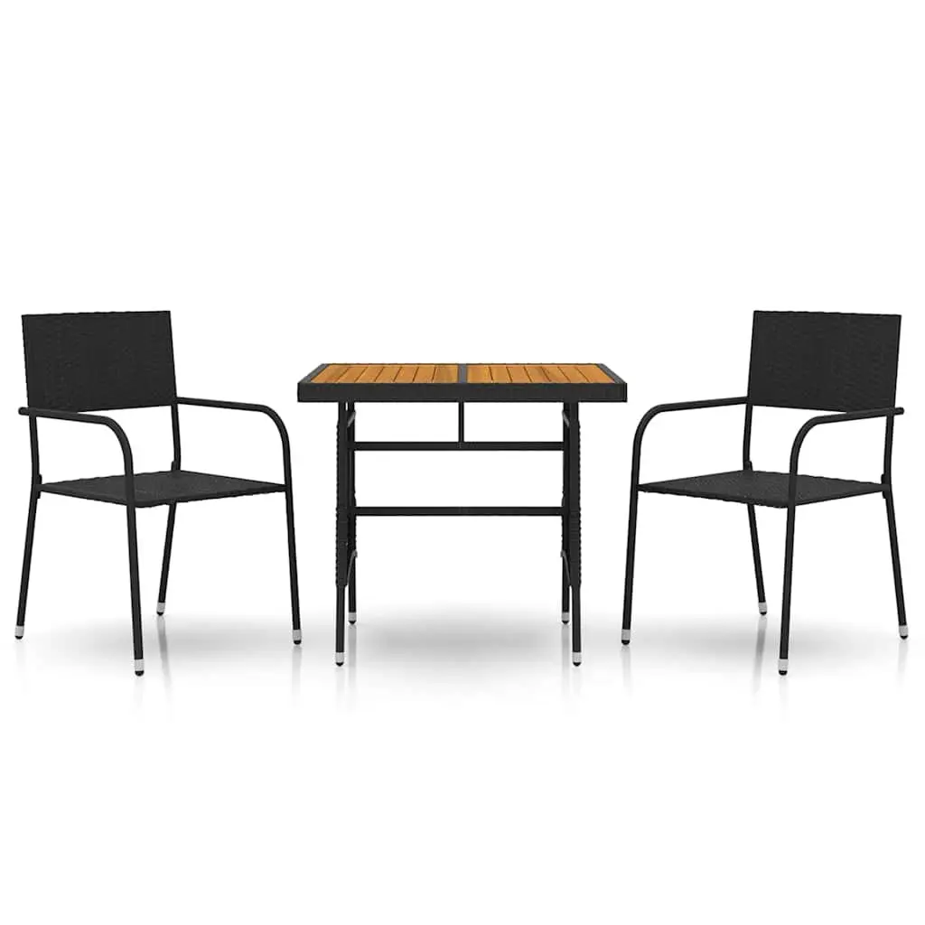3 Piece Outdoor Dining Set Steel Frame PE Rattan Acacia Wood Table Black