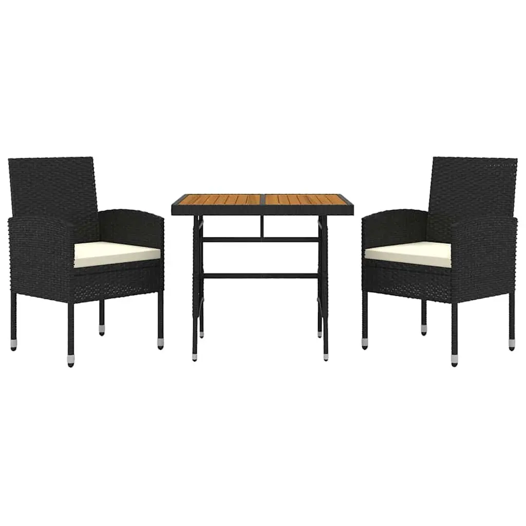 3 Piece Patio Dining Set Black Waterproof PE Rattan Solid Acacia Wood Table Ergonomic Chairs