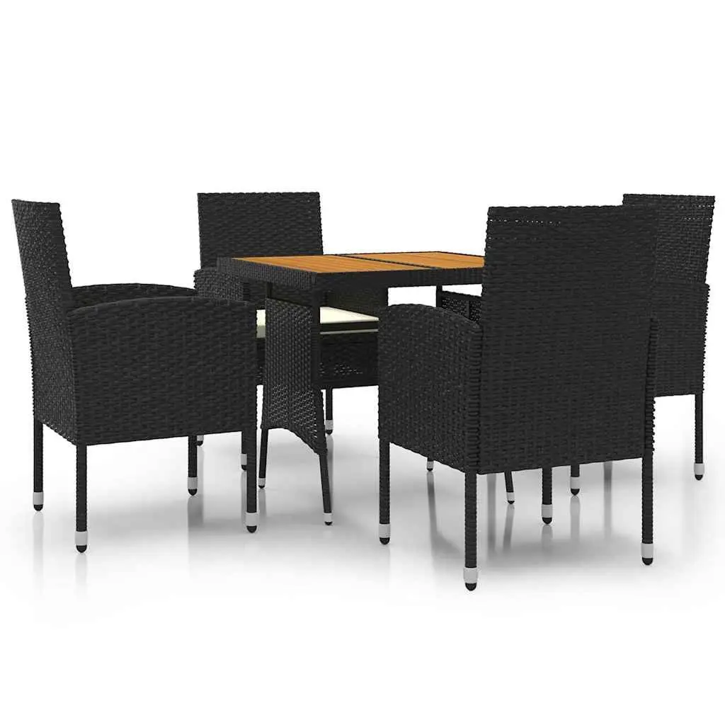 5 Piece Patio Dining Set Black Steel Frame PE Rattan and Acacia Wood Table with Cushions