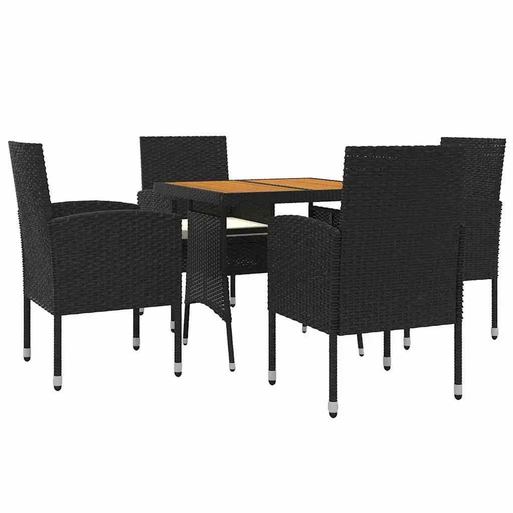 5 Piece Patio Dining Set Black Steel Frame PE Rattan and Acacia Wood Table with Cushions