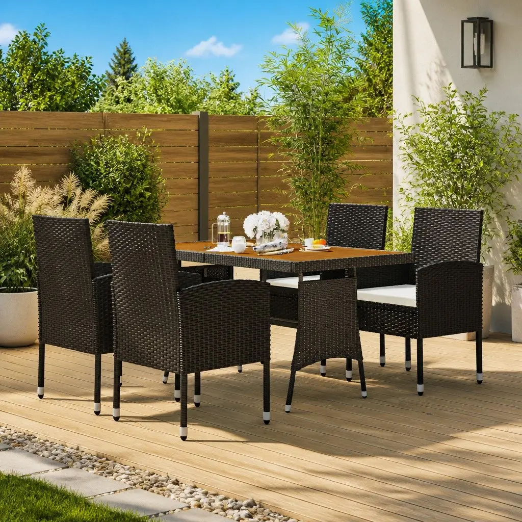 5 Piece Outdoor Dining Set PE Rattan Steel Frame Acacia Wood Table Chairs Black