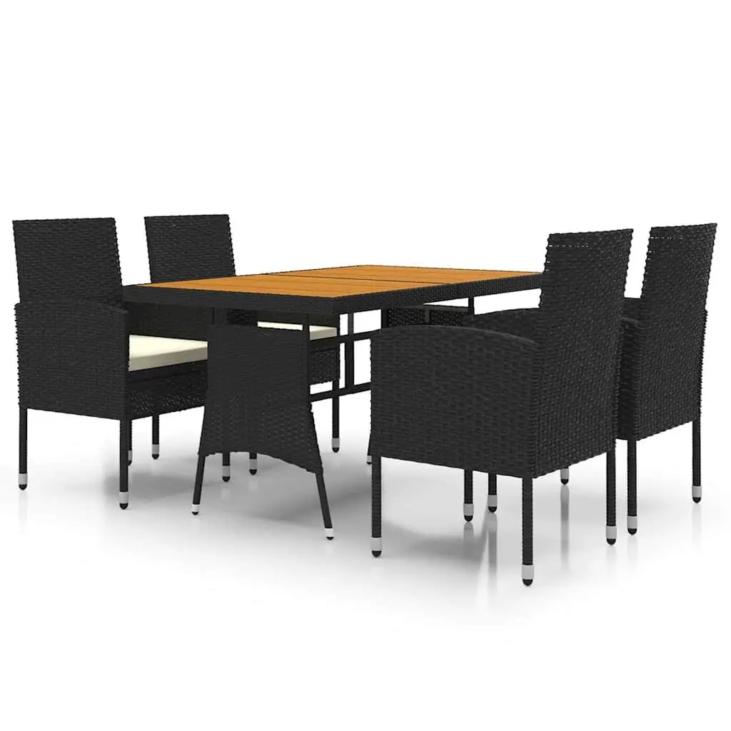 5 Piece Outdoor Dining Set PE Rattan Steel Frame Acacia Wood Table Chairs Black