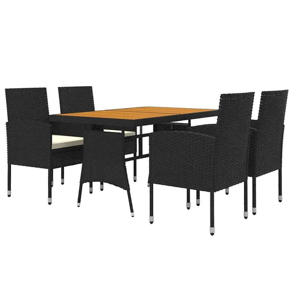 5 Piece Outdoor Dining Set PE Rattan Steel Frame Acacia Wood Table Chairs Black