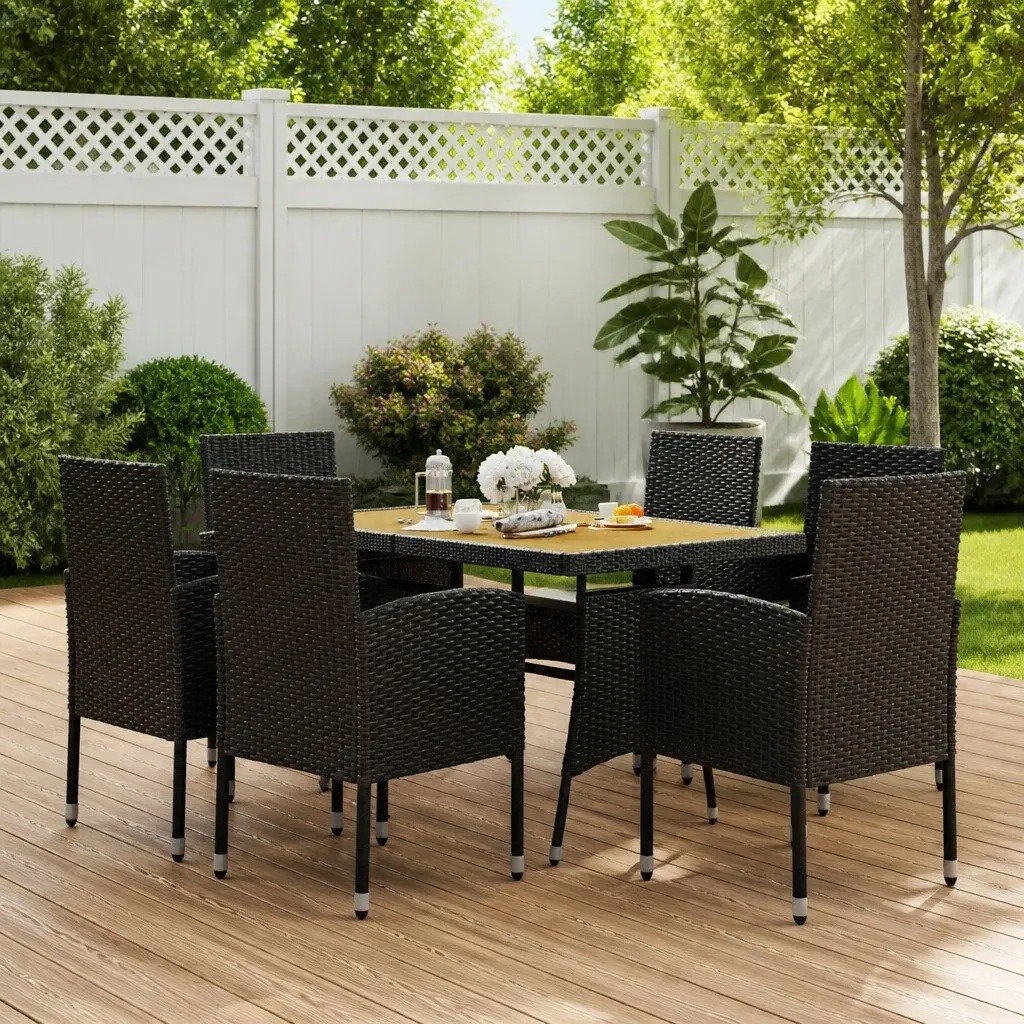 7 Piece Patio Dining Set Black Steel Frame Acacia Wood Table PE Rattan Chairs