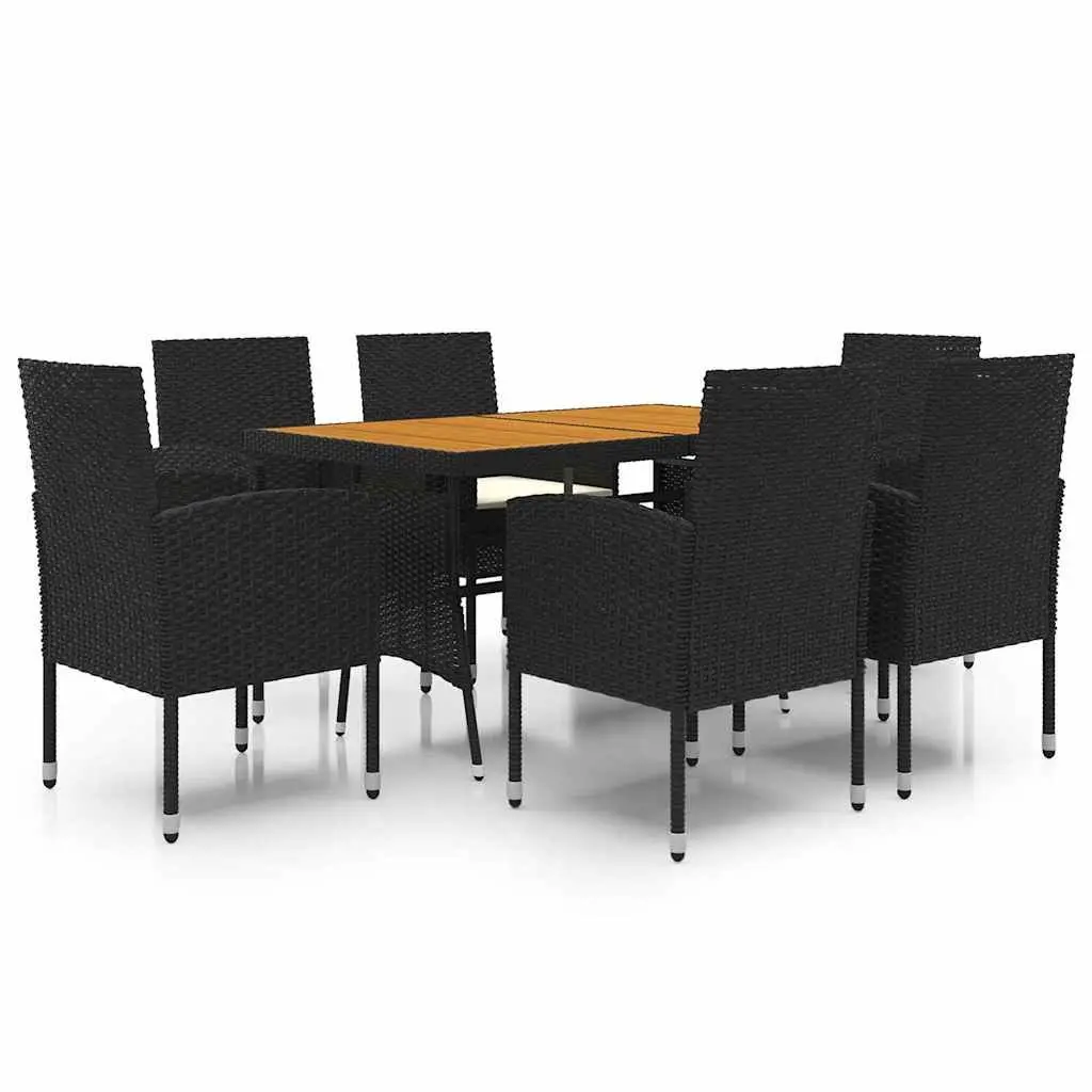 7 Piece Patio Dining Set Black Steel Frame Acacia Wood Table PE Rattan Chairs