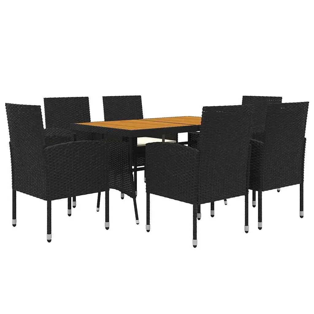 7 Piece Patio Dining Set Black Steel Frame Acacia Wood Table PE Rattan Chairs