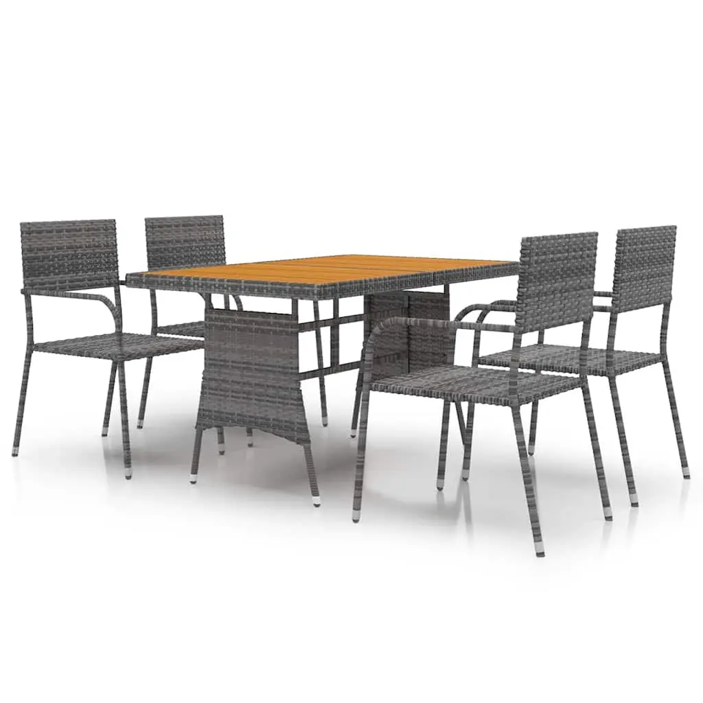 5 Piece Outdoor Dining Set Steel Frame PE Rattan Acacia Wood Table Grey