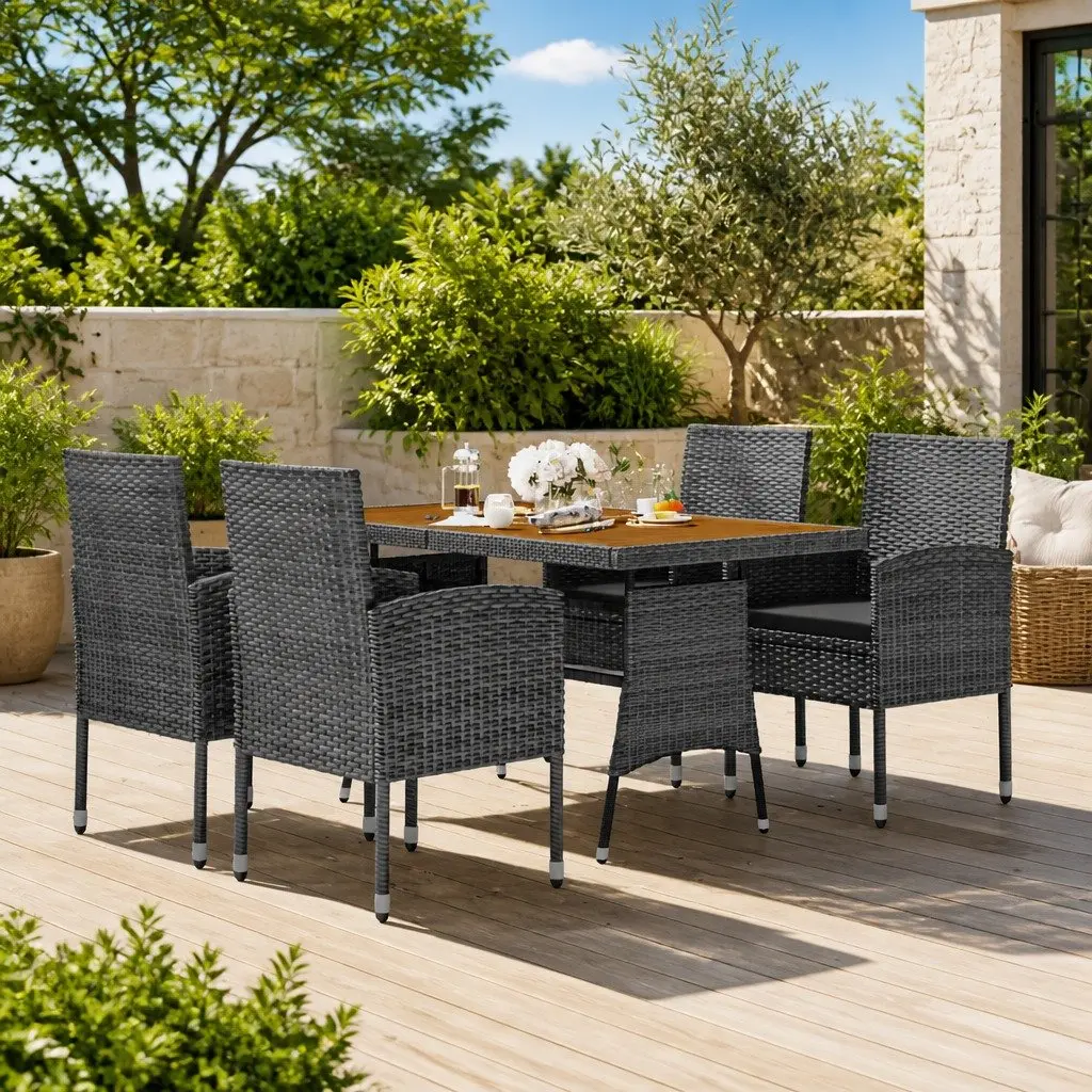 Outdoor Dining Set PE Rattan Steel Frame 5 Piece Table Chairs Grey