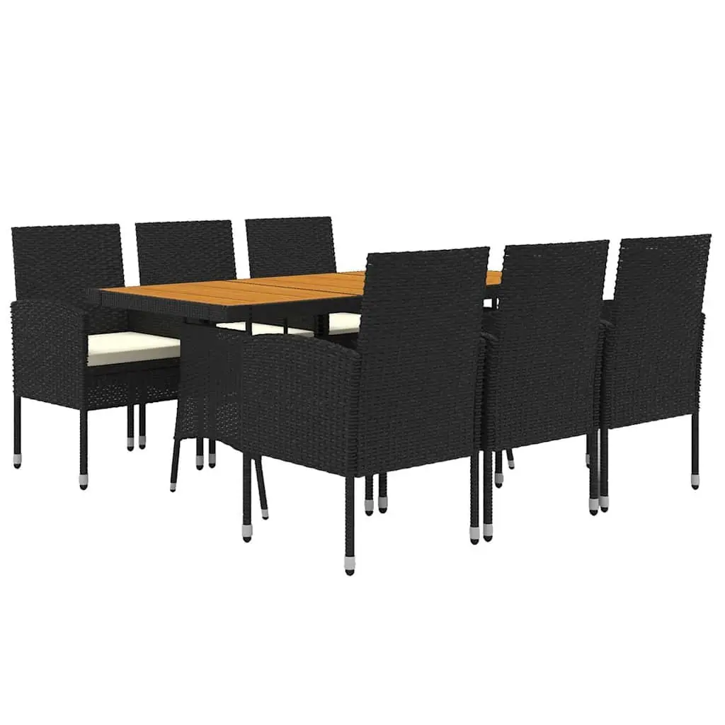 7 Piece Outdoor Dining Set PE Rattan Steel Frame Acacia Wood Table Black